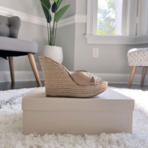 JIMMY CHOO*SOLD* Phyllis Nude Patent Leather Espadrille Mule Wedge Sandals 36💕